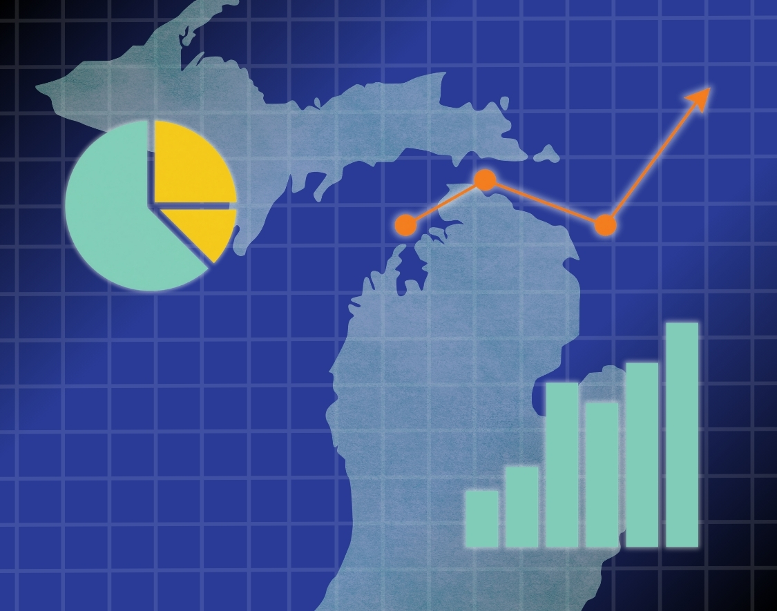 A graphic showing the state of Michigan and several charts